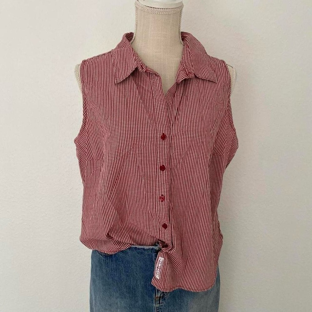 Sleeveless Red Gingham Button-Front Top